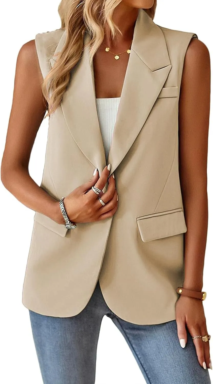 Blazer Vest for Women Sleeveless Vest Tops Open Front Casual Blazer Single Button Work Office Suit Jacket Waistcoat