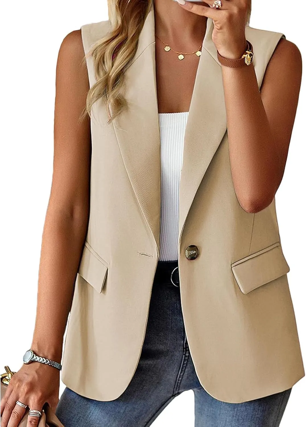 Blazer Vest for Women Sleeveless Vest Tops Open Front Casual Blazer Single Button Work Office Suit Jacket Waistcoat