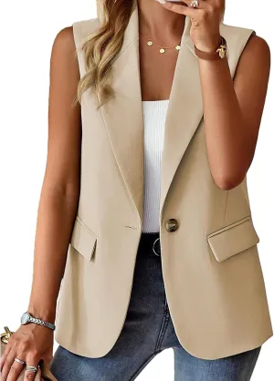 Blazer Vest for Women Sleeveless Vest Tops Open Front Casual Blazer Single Button Work Office Suit Jacket Waistcoat