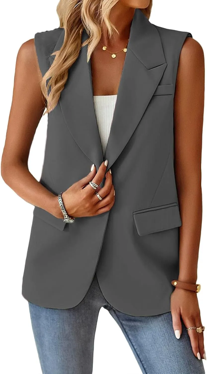 Blazer Vest for Women Sleeveless Vest Tops Open Front Casual Blazer Single Button Work Office Suit Jacket Waistcoat
