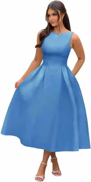 Boat Neck Prom Dresses for Women Tea Length Satin Formal Party Dress Pleated Backless A Line Midi Dress