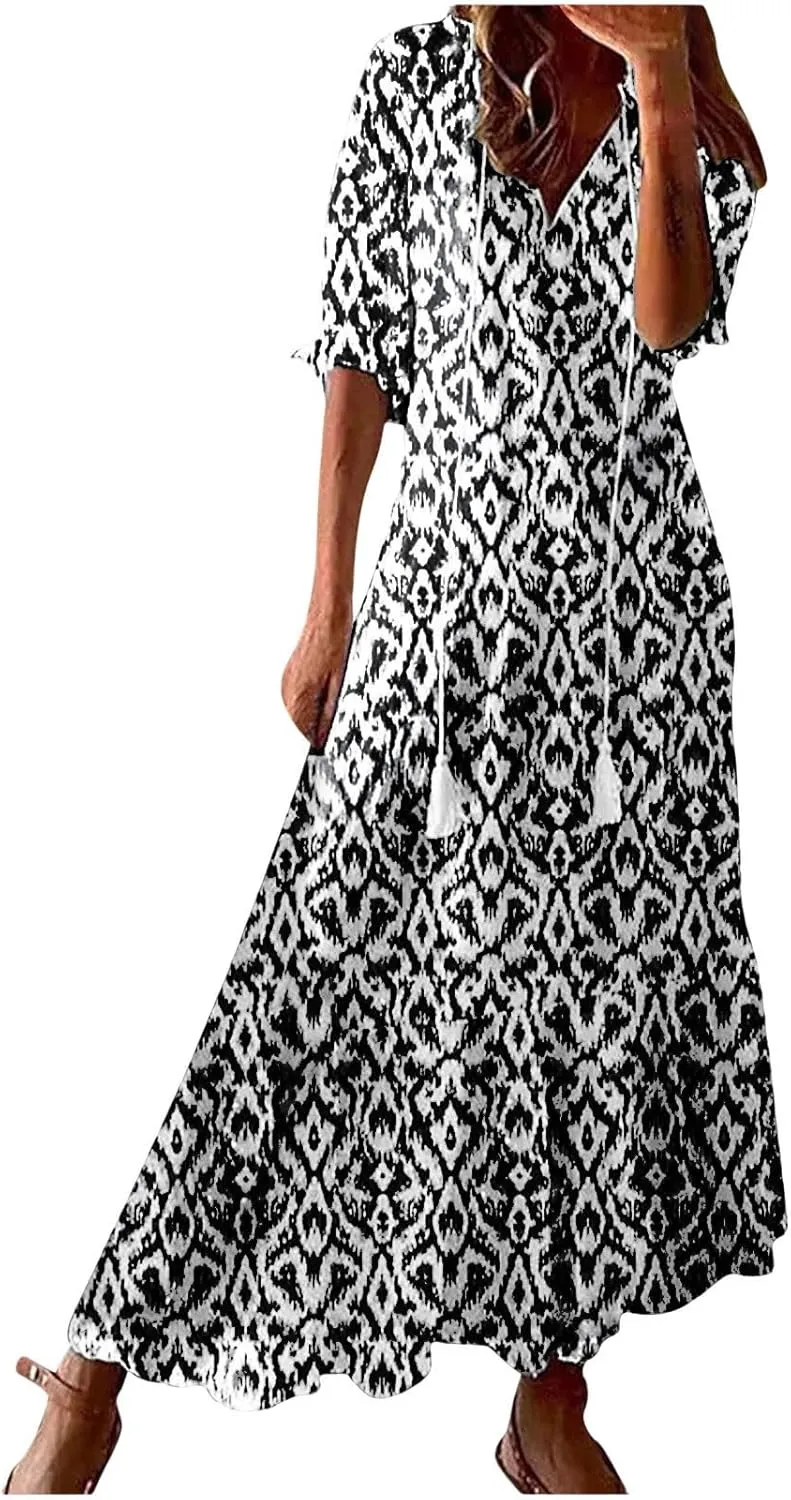 Boho Dress for Women Half Sleeve V Neck Tassel Maxi Dresses Floral Printed Flowy A-Line Beach Vacation Dresses