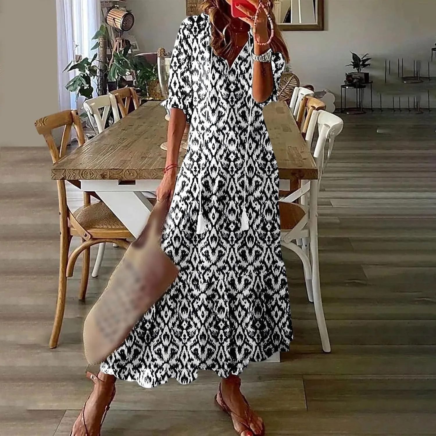 Boho Dress for Women Half Sleeve V Neck Tassel Maxi Dresses Floral Printed Flowy A-Line Beach Vacation Dresses