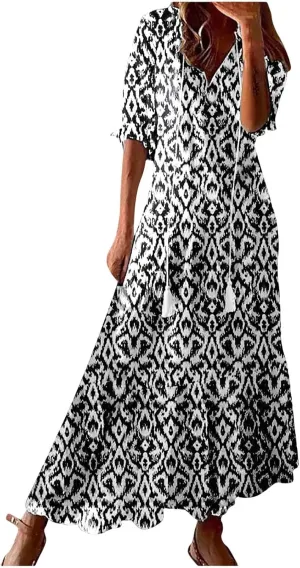 Boho Dress for Women Half Sleeve V Neck Tassel Maxi Dresses Floral Printed Flowy A-Line Beach Vacation Dresses