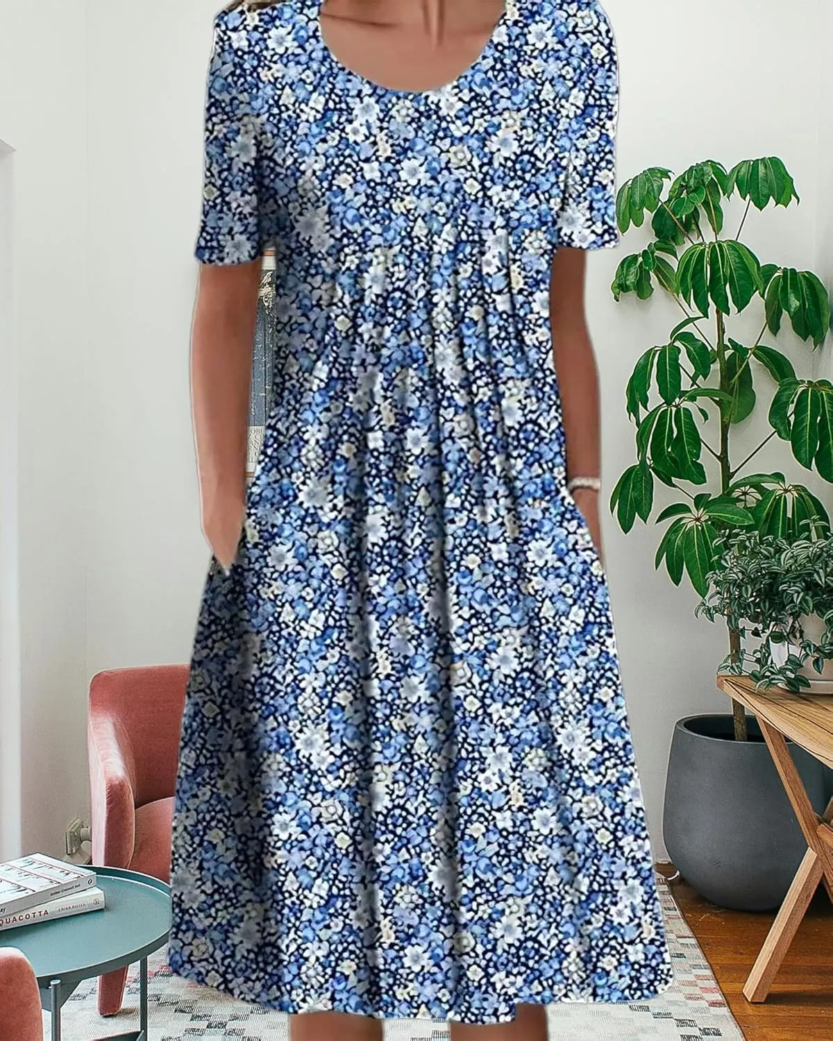 Boho Knee Length Dress for Women Casual Crew Neck Short Sleeve Floral Print Dress Loose A Line Plus Size Pleated Dress