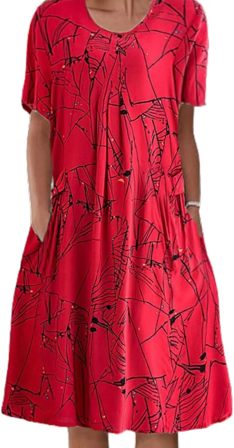 Boho Knee Length Dress for Women Casual Crew Neck Short Sleeve Floral Print Dress Loose A Line Plus Size Pleated Dress
