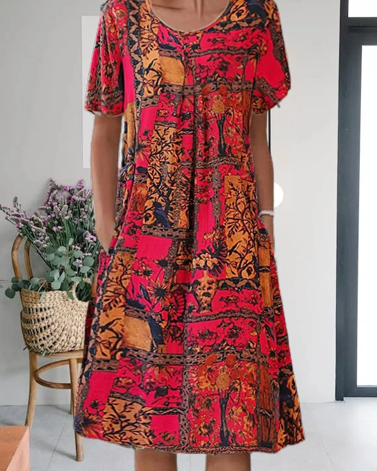 Boho Knee Length Dress for Women Casual Crew Neck Short Sleeve Floral Print Dress Loose A Line Plus Size Pleated Dress
