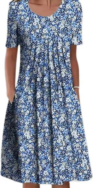 Boho Knee Length Dress for Women Casual Crew Neck Short Sleeve Floral Print Dress Loose A Line Plus Size Pleated Dress