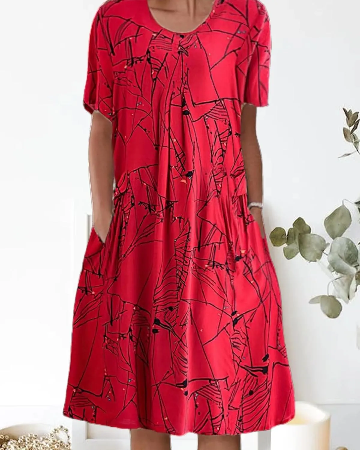 Boho Knee Length Dress for Women Casual Crew Neck Short Sleeve Floral Print Dress Loose A Line Plus Size Pleated Dress