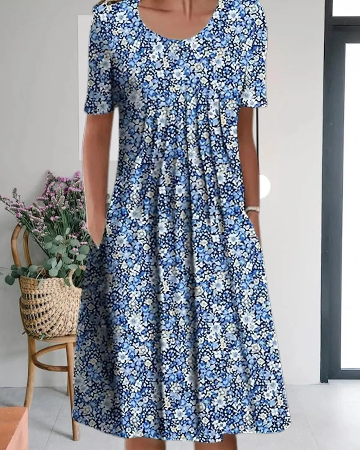 Boho Knee Length Dress for Women Casual Crew Neck Short Sleeve Floral Print Dress Loose A Line Plus Size Pleated Dress