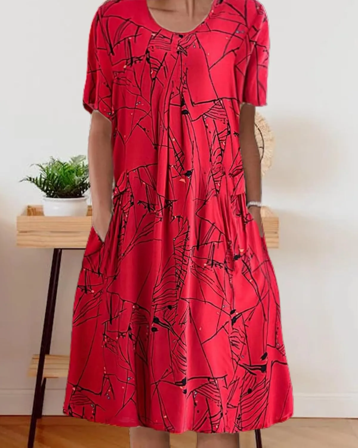Boho Knee Length Dress for Women Casual Crew Neck Short Sleeve Floral Print Dress Loose A Line Plus Size Pleated Dress