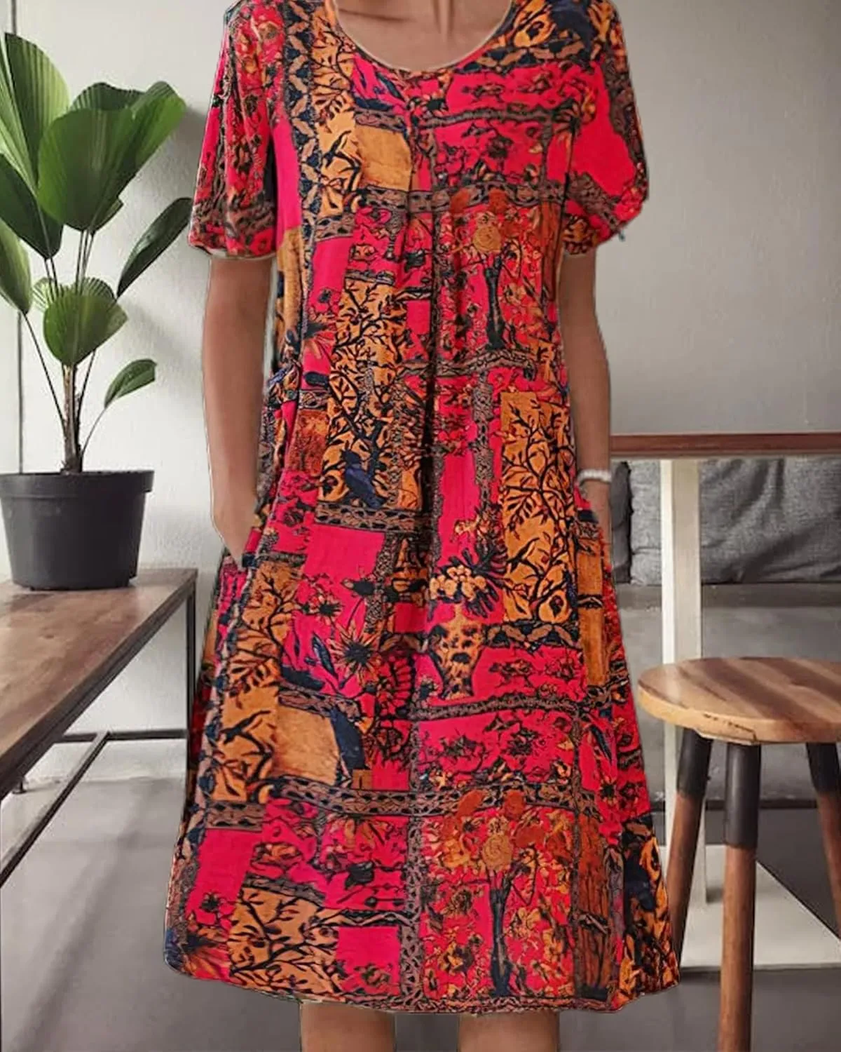 Boho Knee Length Dress for Women Casual Crew Neck Short Sleeve Floral Print Dress Loose A Line Plus Size Pleated Dress