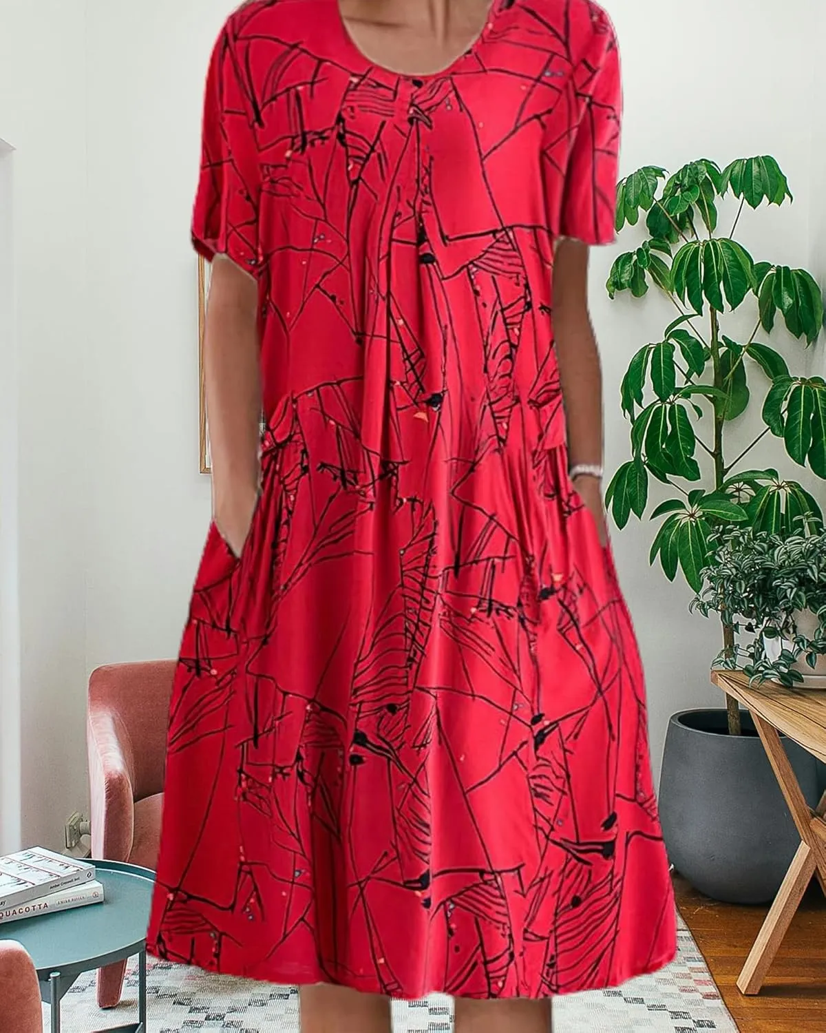 Boho Knee Length Dress for Women Casual Crew Neck Short Sleeve Floral Print Dress Loose A Line Plus Size Pleated Dress