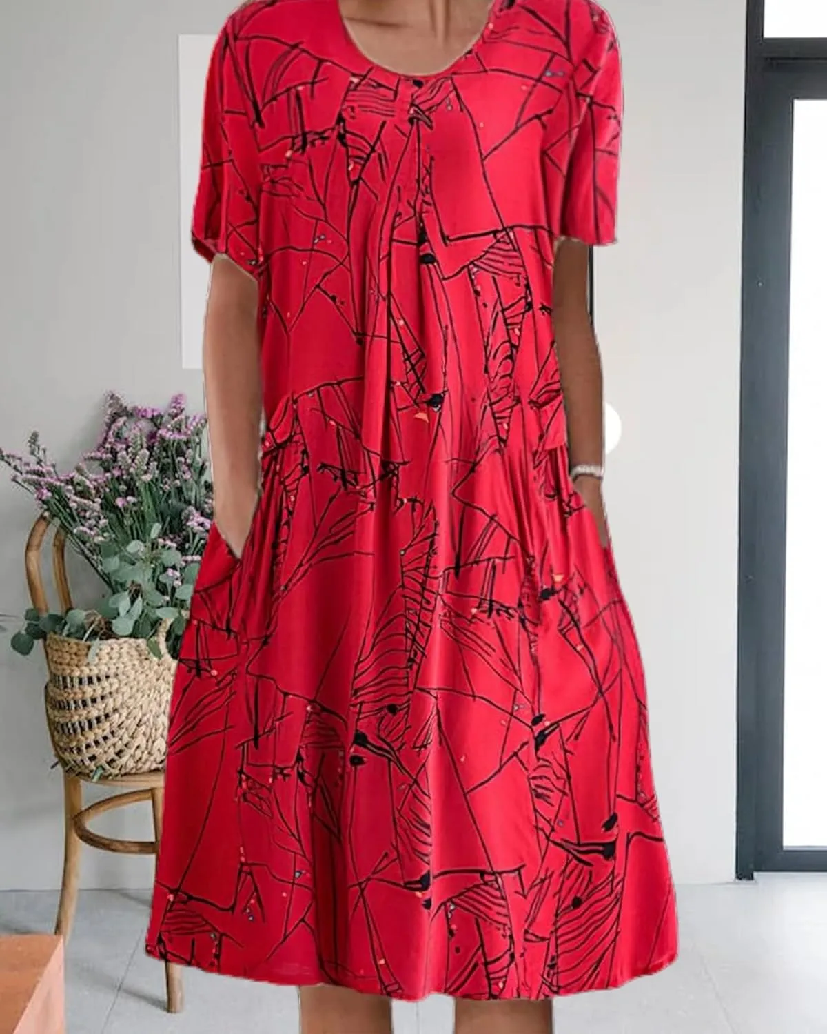 Boho Knee Length Dress for Women Casual Crew Neck Short Sleeve Floral Print Dress Loose A Line Plus Size Pleated Dress