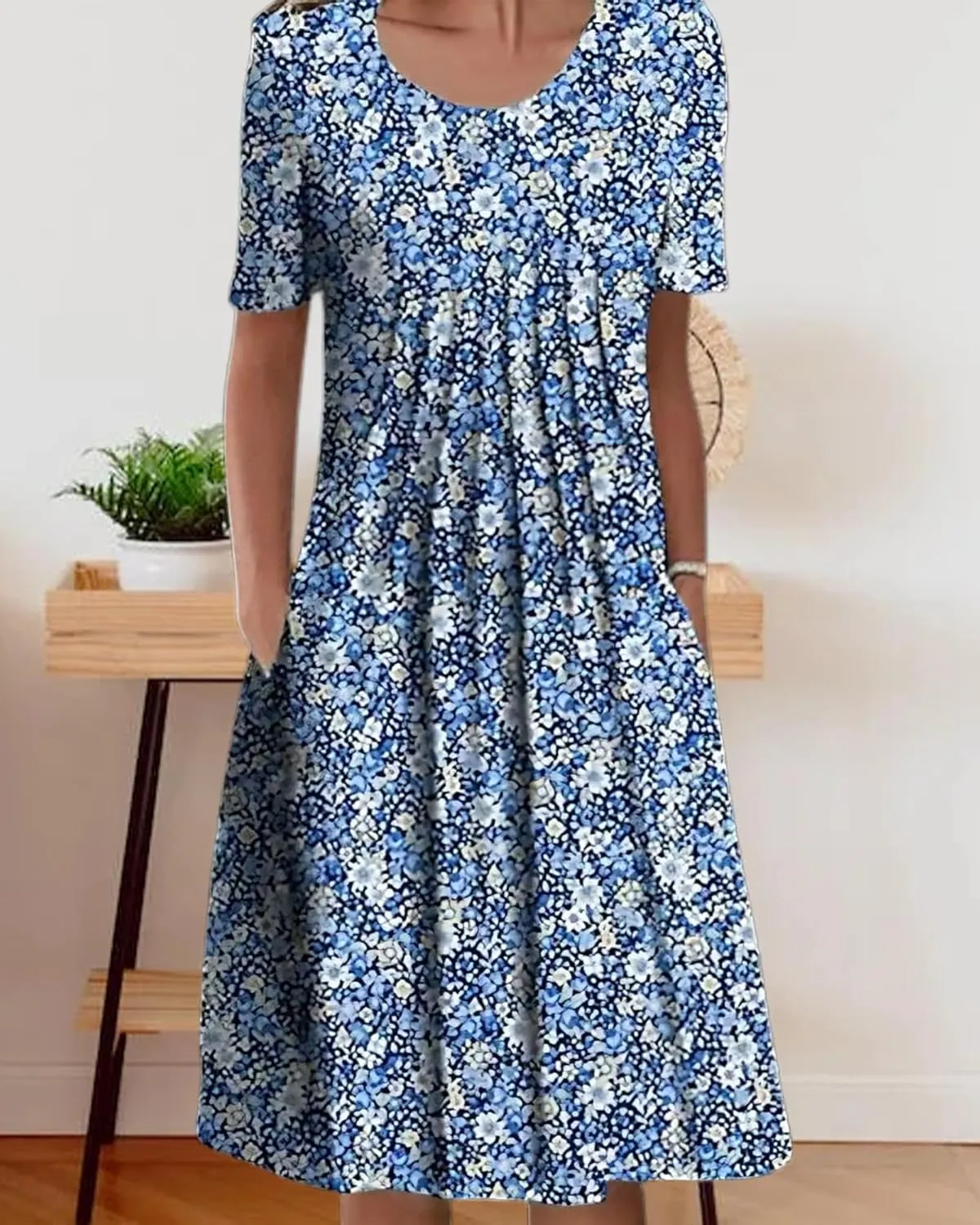 Boho Knee Length Dress for Women Casual Crew Neck Short Sleeve Floral Print Dress Loose A Line Plus Size Pleated Dress