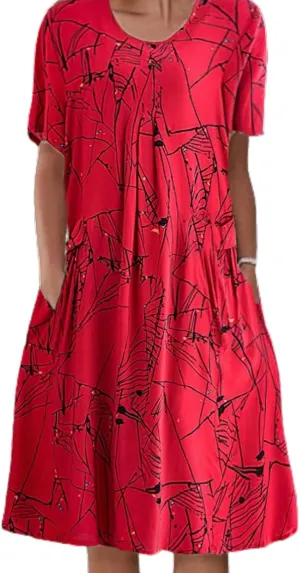 Boho Knee Length Dress for Women Casual Crew Neck Short Sleeve Floral Print Dress Loose A Line Plus Size Pleated Dress