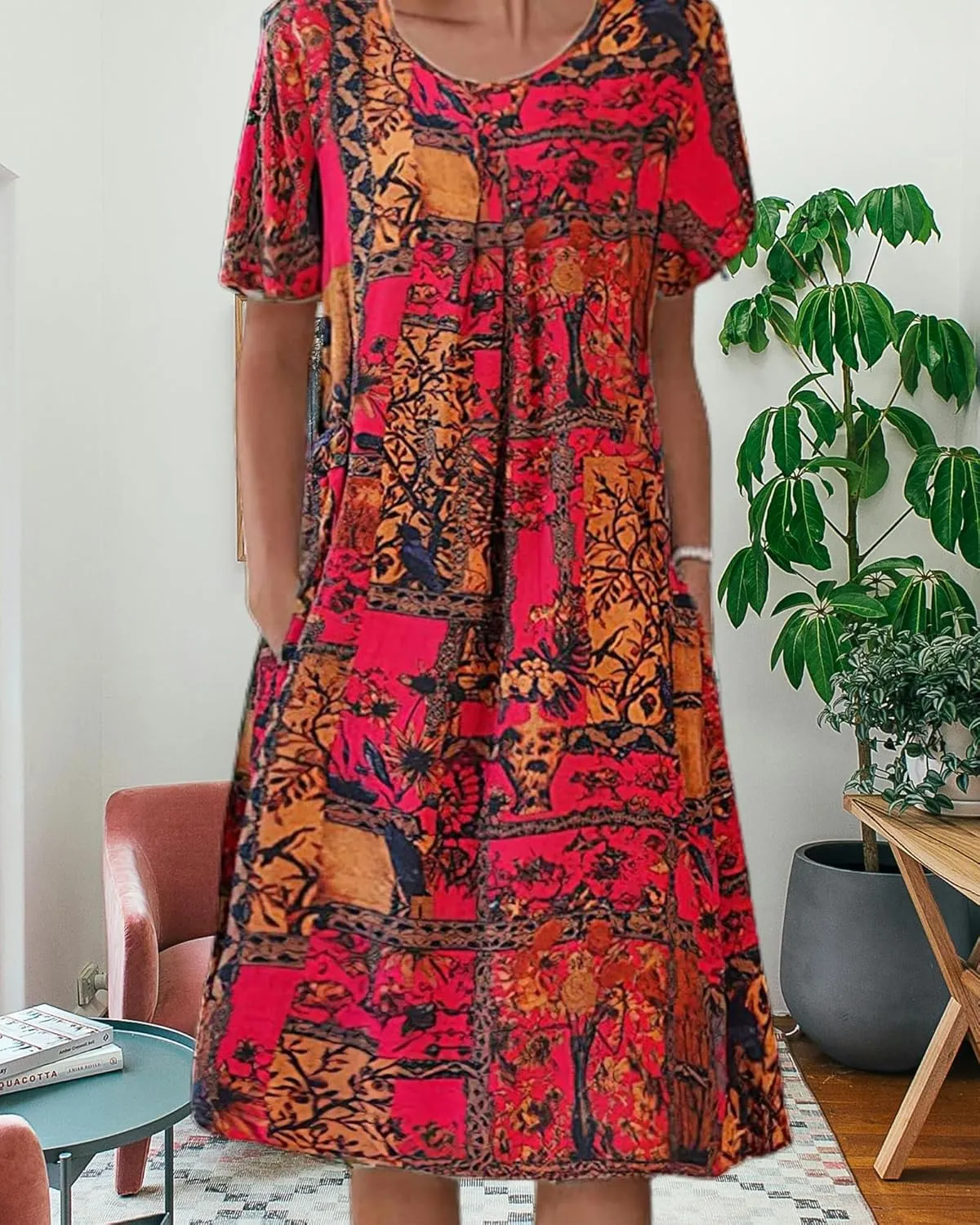 Boho Knee Length Dress for Women Casual Crew Neck Short Sleeve Floral Print Dress Loose A Line Plus Size Pleated Dress