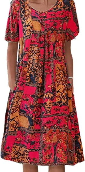 Boho Knee Length Dress for Women Casual Crew Neck Short Sleeve Floral Print Dress Loose A Line Plus Size Pleated Dress