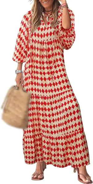 Boho Maxi Dresses for Women Casual Floarl V Neck Puff Short Sleeve Dress Summer Loose Color Block Beach Sundress