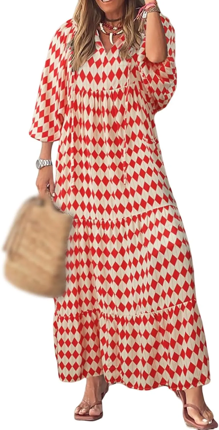 Boho Maxi Dresses for Women Casual Floarl V Neck Puff Short Sleeve Dress Summer Loose Color Block Beach Sundress