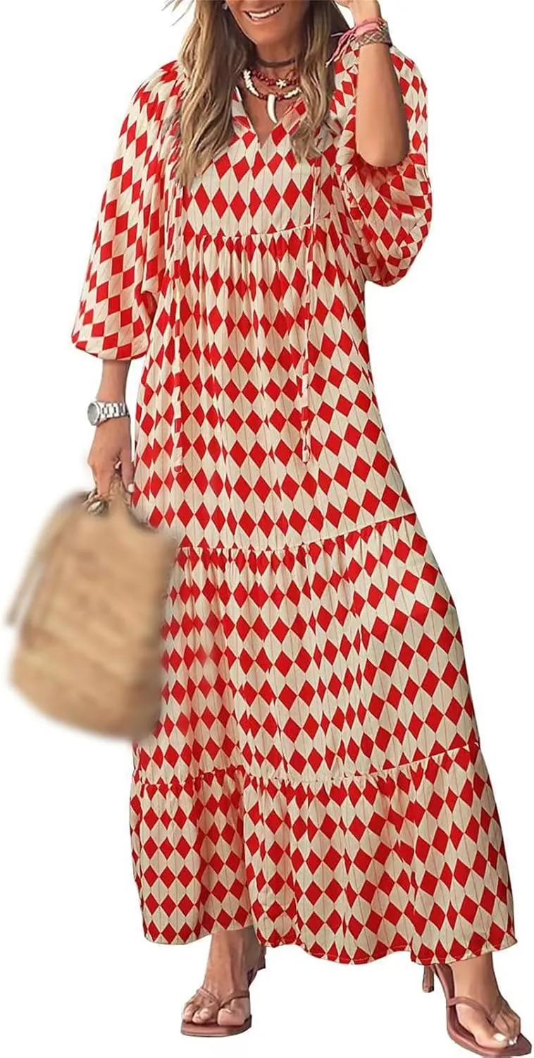 Boho Maxi Dresses for Women Casual Floarl V Neck Puff Short Sleeve Dress Summer Loose Color Block Beach Sundress