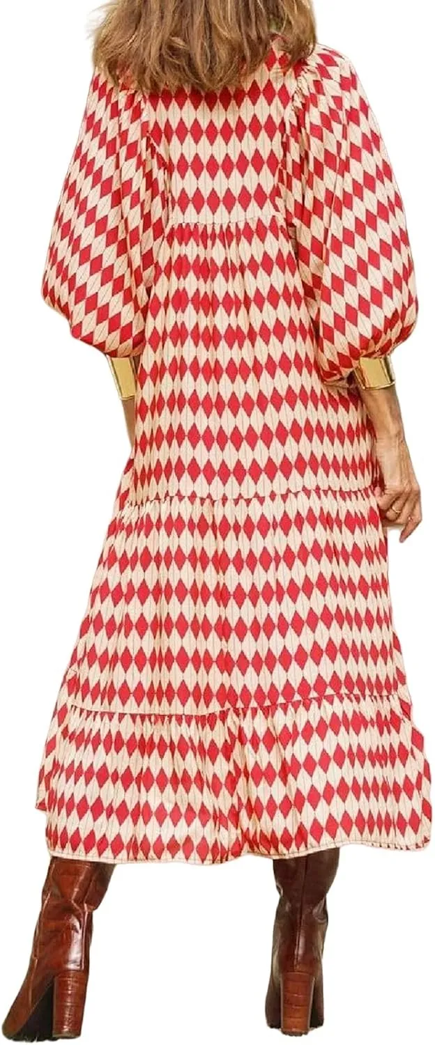 Boho Maxi Dresses for Women Casual Floarl V Neck Puff Short Sleeve Dress Summer Loose Color Block Beach Sundress