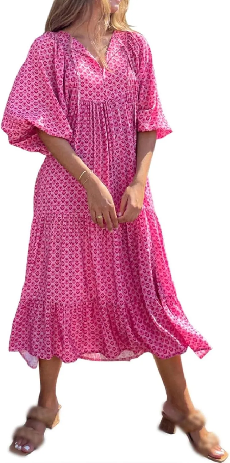 Boho Maxi Dresses for Women Fashion Floral V Neck Puff Half Sleeve Sundress Flowy Smocked Vacation Beach Long Dress