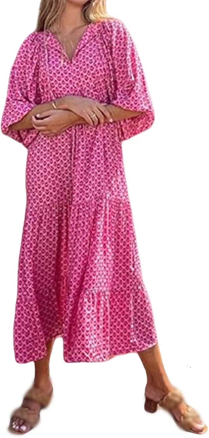Boho Maxi Dresses for Women Fashion Floral V Neck Puff Half Sleeve Sundress Flowy Smocked Vacation Beach Long Dress