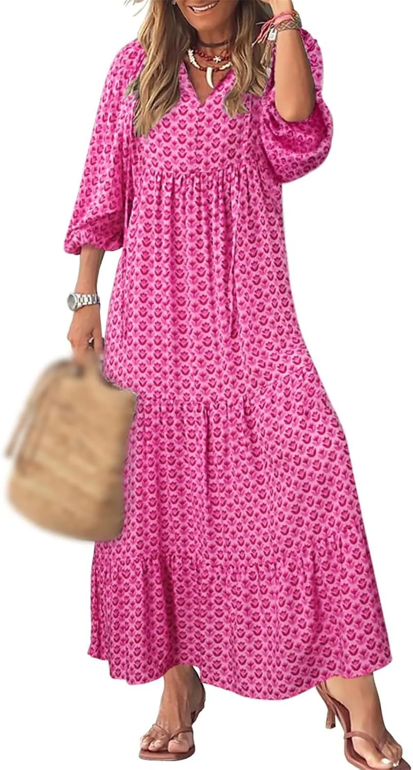 Boho Maxi Dresses for Women Fashion Floral V Neck Puff Half Sleeve Sundress Flowy Smocked Vacation Beach Long Dress