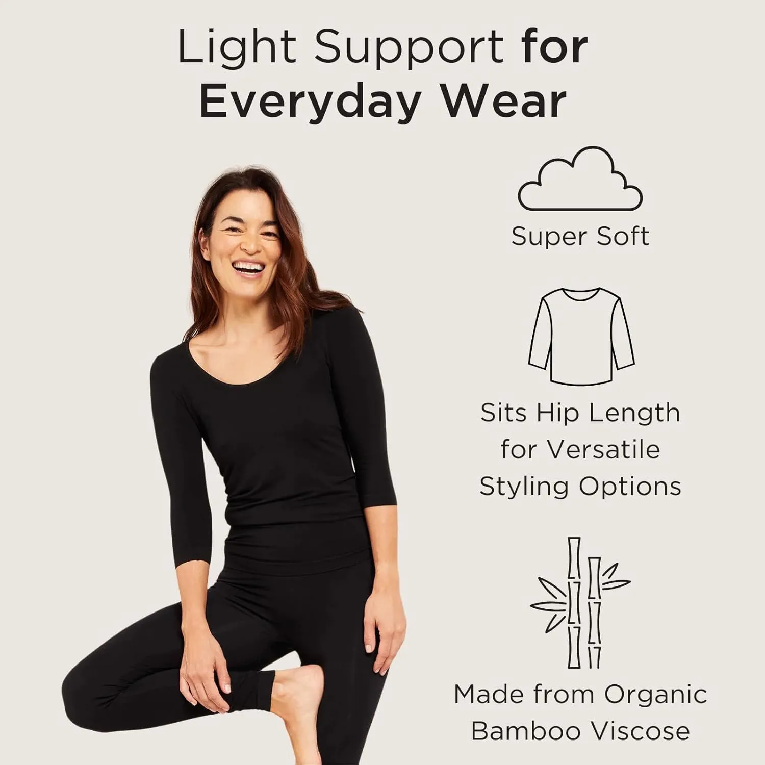 Boody Body EcoWear Womens Scoop Top, 3/4 Sleeve, Soft Breathable, Lightweight Slim Fit, Viscose Made from Bamboo