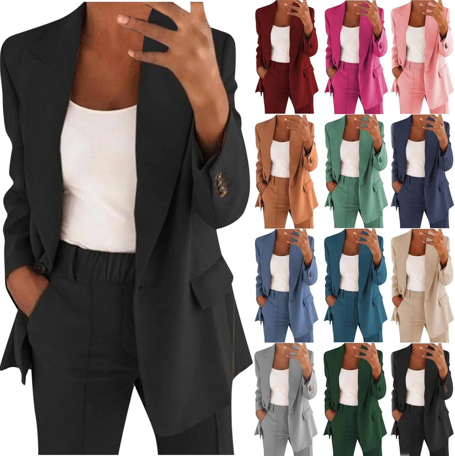 Business Casual Pant Suits Womens 2 Piece Outfits Dressy Casual Long Sleeve Blazer Sets Plus Size Wide Pants Suit Set