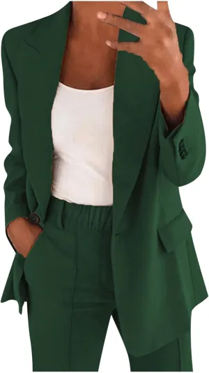 Business Casual Pant Suits Womens 2 Piece Outfits Dressy Casual Long Sleeve Blazer Sets Plus Size Wide Pants Suit Set