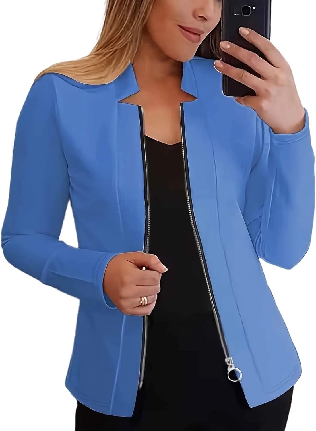 Bussiness Blazers for Women Notched Collar Suit Jacket Long Sleeve Work Office Blazer Jacket Solid Zipper Jackets