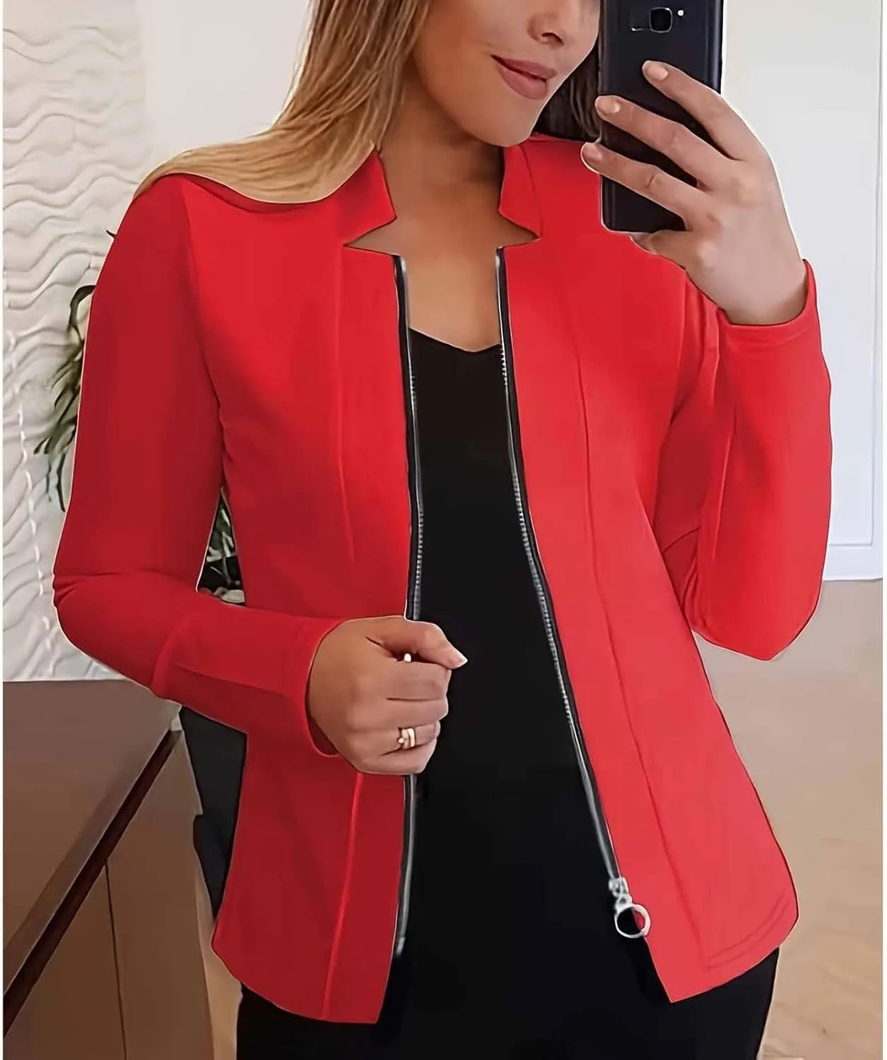 Bussiness Blazers for Women Notched Collar Suit Jacket Long Sleeve Work Office Blazer Jacket Solid Zipper Jackets