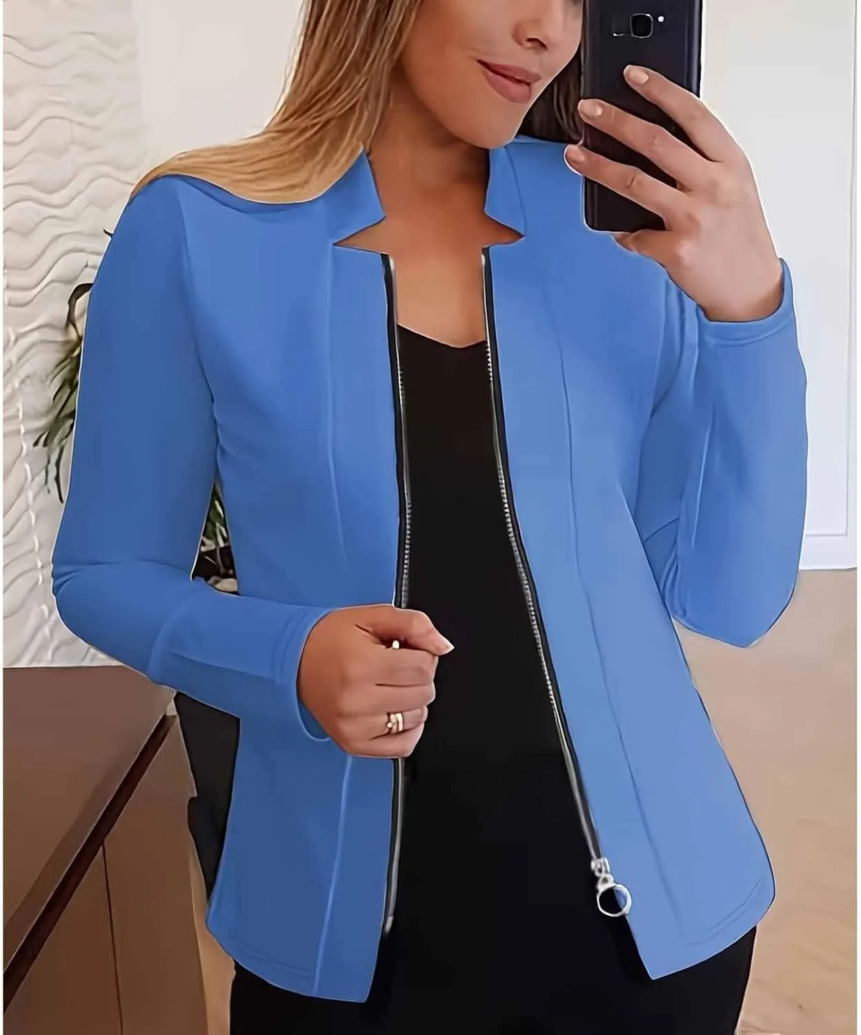 Bussiness Blazers for Women Notched Collar Suit Jacket Long Sleeve Work Office Blazer Jacket Solid Zipper Jackets