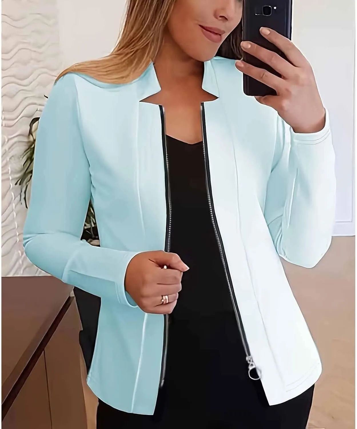 Bussiness Blazers for Women Notched Collar Suit Jacket Long Sleeve Work Office Blazer Jacket Solid Zipper Jackets