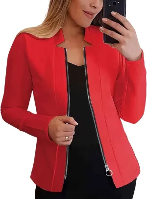 Bussiness Blazers for Women Notched Collar Suit Jacket Long Sleeve Work Office Blazer Jacket Solid Zipper Jackets