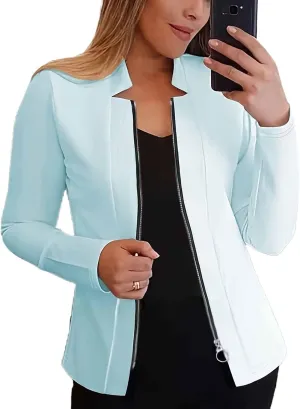 Bussiness Blazers for Women Notched Collar Suit Jacket Long Sleeve Work Office Blazer Jacket Solid Zipper Jackets