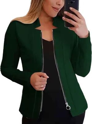 Bussiness Blazers for Women Notched Collar Suit Jacket Long Sleeve Work Office Blazer Jacket Solid Zipper Jackets