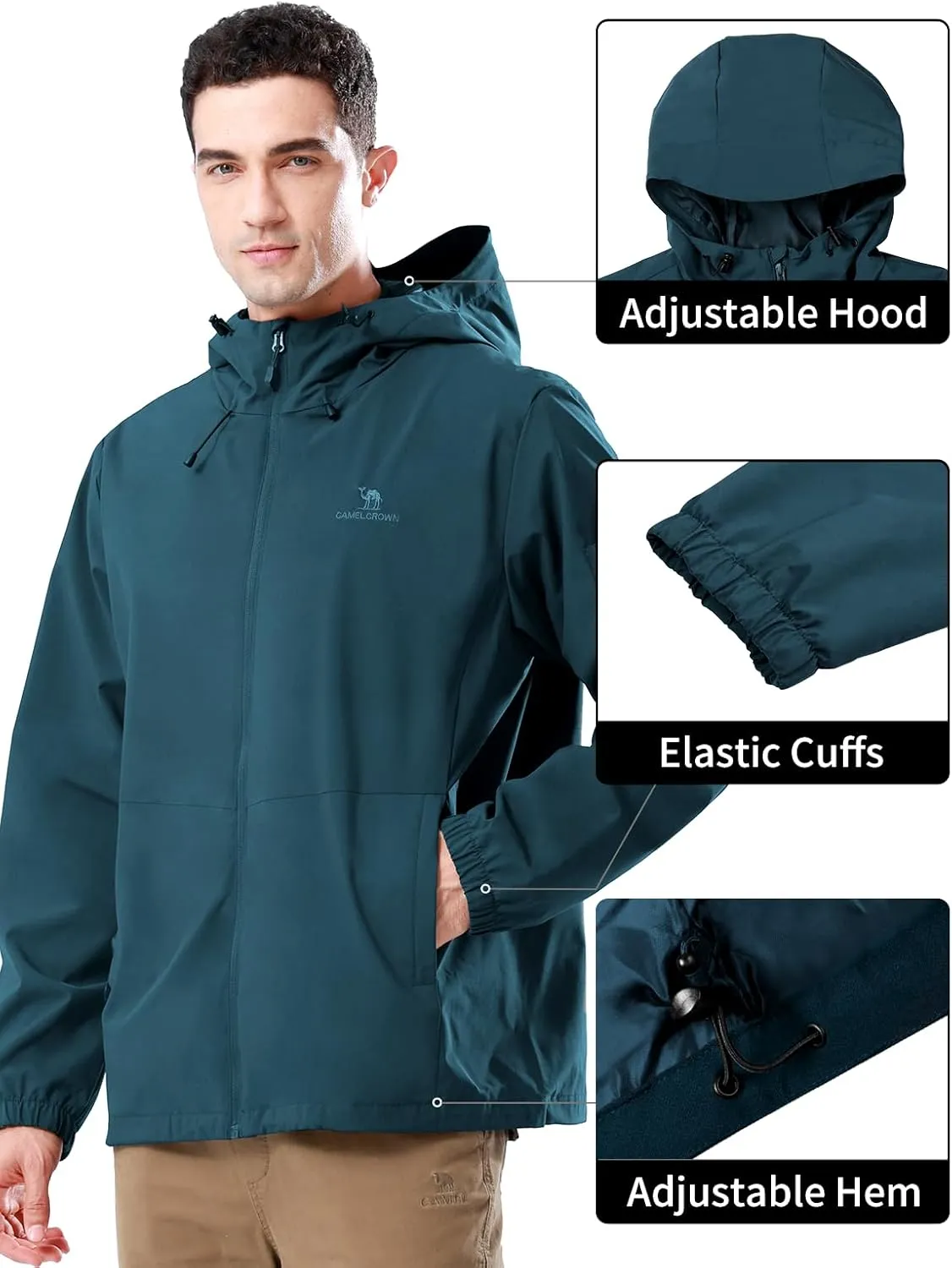 CAMELSPORTS Men Waterproof Softshell Jacket Windbreaker Hooded lightweight Rain Coat for Outdoor Hiking