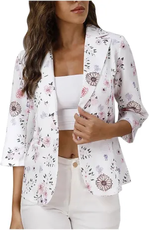 Casual Business Blazers for Women Floral Print 3/4 Sleeve Work Office Blazer 2024 Trendy Open Front Fall Jacket Outfit