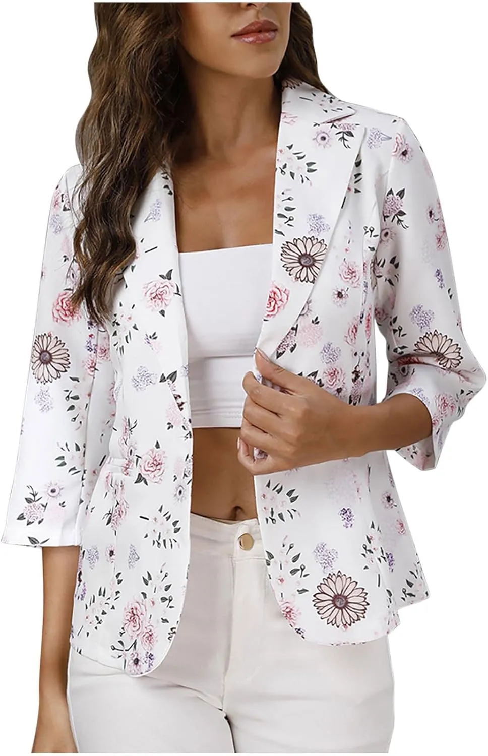Casual Business Blazers for Women Floral Print 3/4 Sleeve Work Office Blazer 2024 Trendy Open Front Fall Jacket Outfit
