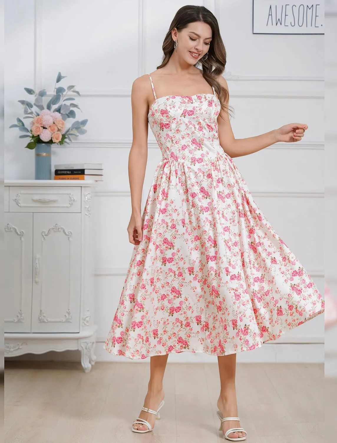 Casual Dresses for Women Boho Spaghetti Strap Corset Midi Dress with Pockets Low Cut Flowy Pleated Bustier Sundress