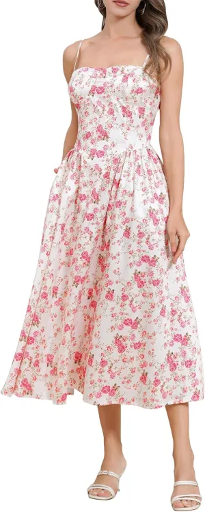 Casual Dresses for Women Boho Spaghetti Strap Corset Midi Dress with Pockets Low Cut Flowy Pleated Bustier Sundress