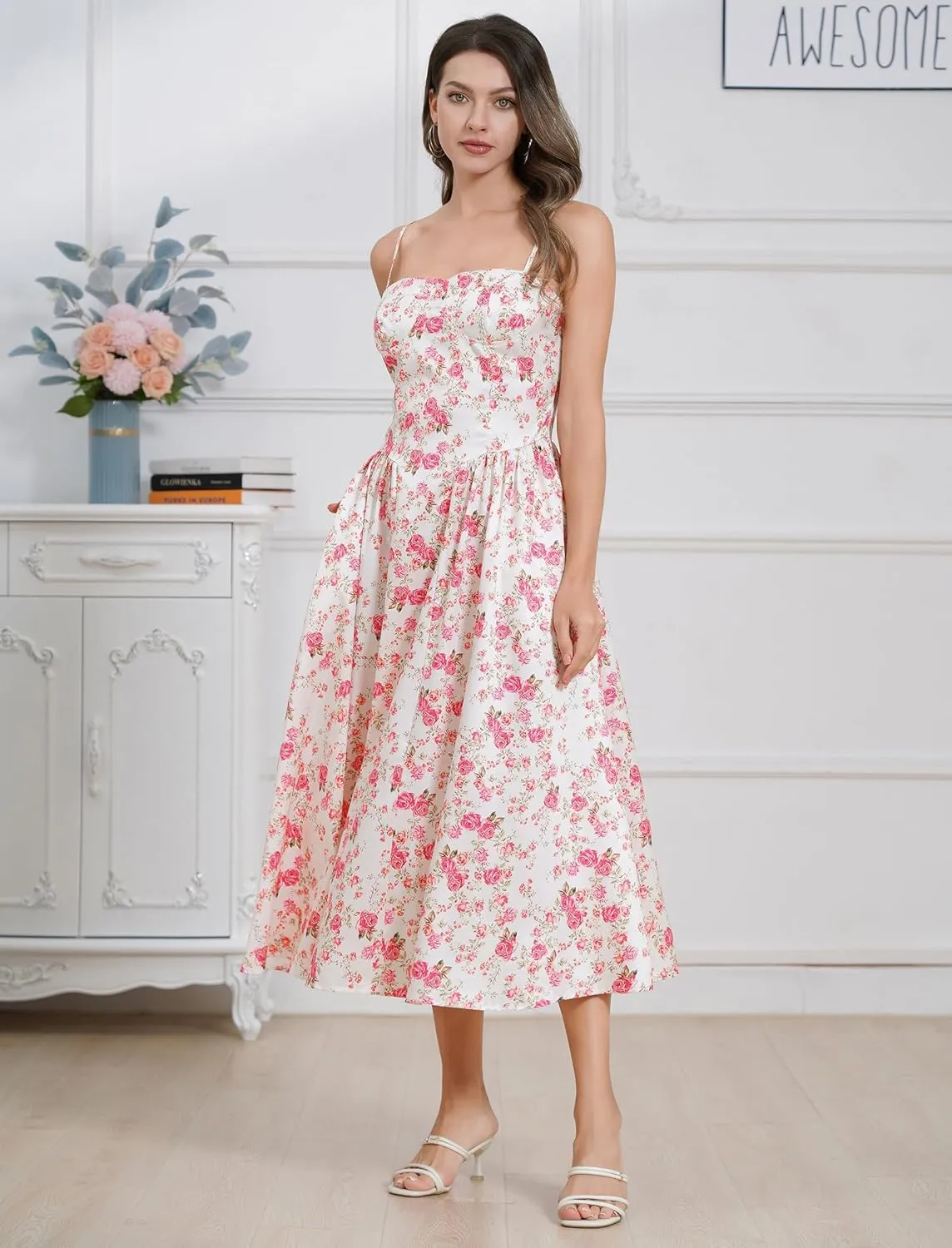 Casual Dresses for Women Boho Spaghetti Strap Corset Midi Dress with Pockets Low Cut Flowy Pleated Bustier Sundress