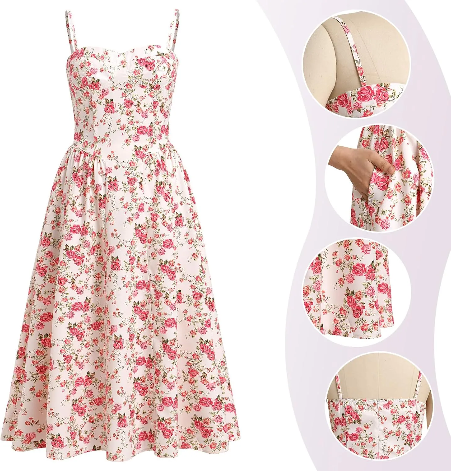 Casual Dresses for Women Boho Spaghetti Strap Corset Midi Dress with Pockets Low Cut Flowy Pleated Bustier Sundress