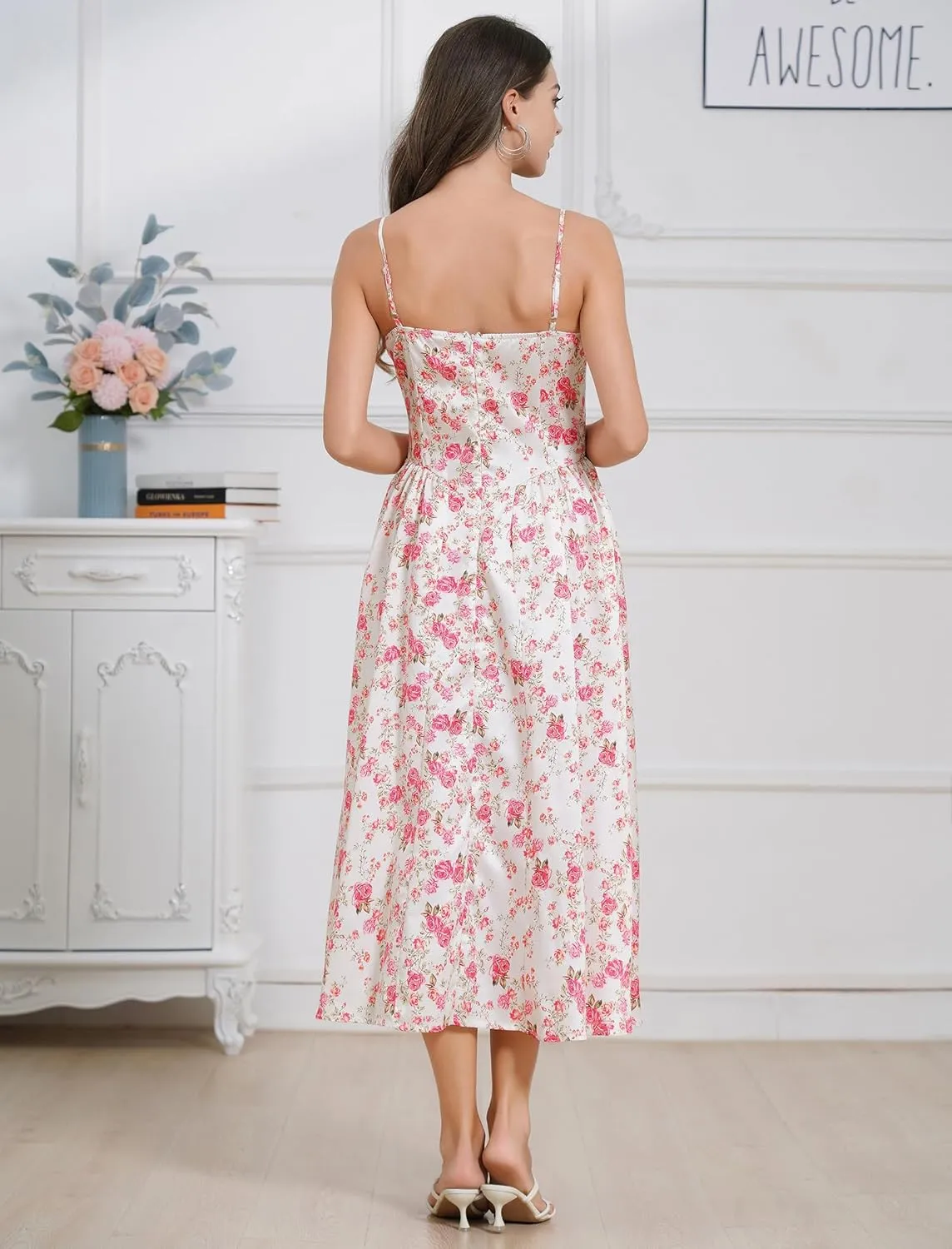 Casual Dresses for Women Boho Spaghetti Strap Corset Midi Dress with Pockets Low Cut Flowy Pleated Bustier Sundress