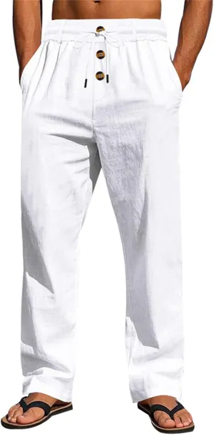 Casual Linen Pants Men Breathable Lightweight Summer Beach Pant Button and Drawstring Elastic Waist Trousers for Summer