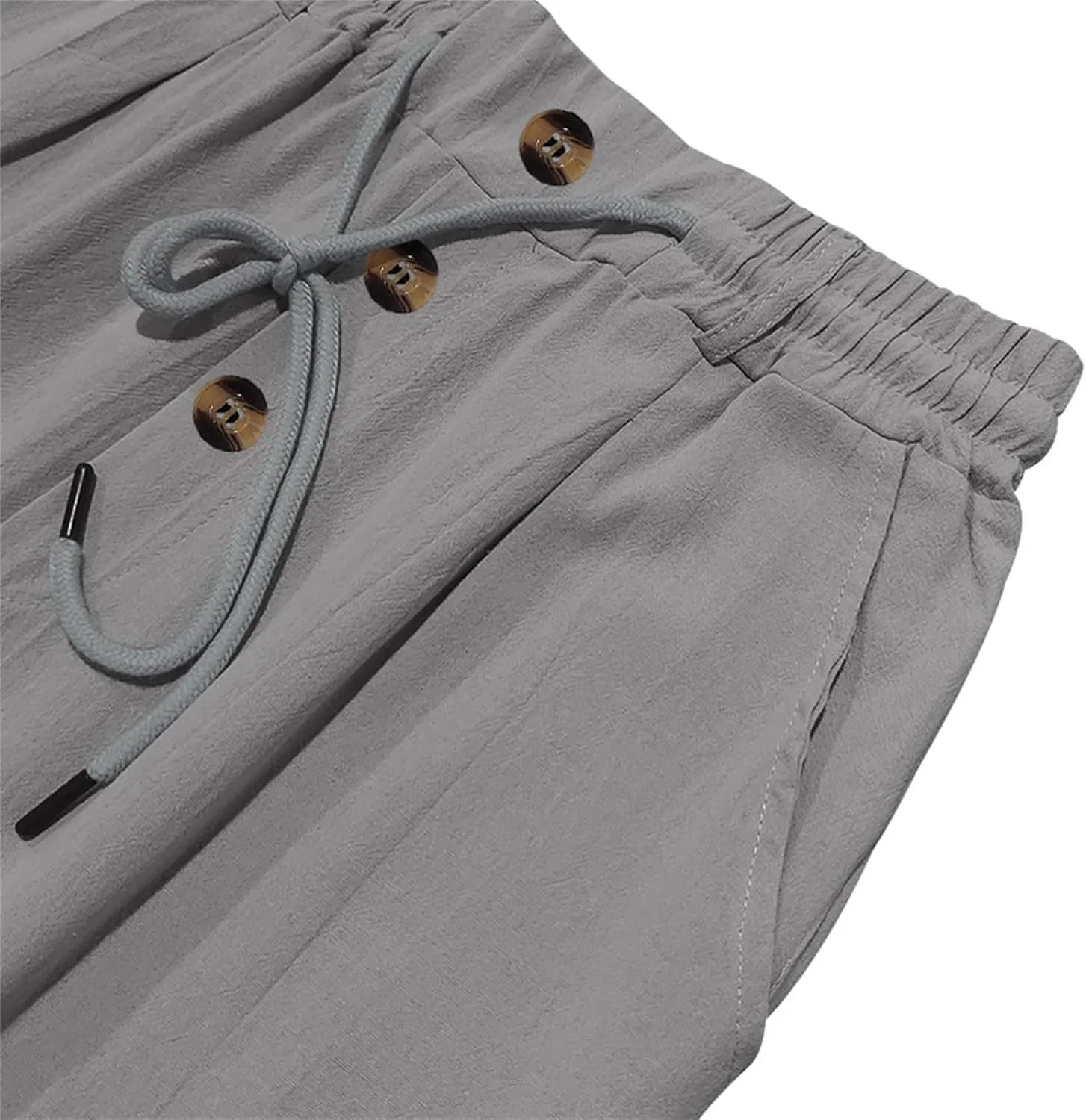Casual Linen Pants Men Breathable Lightweight Summer Beach Pant Button and Drawstring Elastic Waist Trousers for Summer