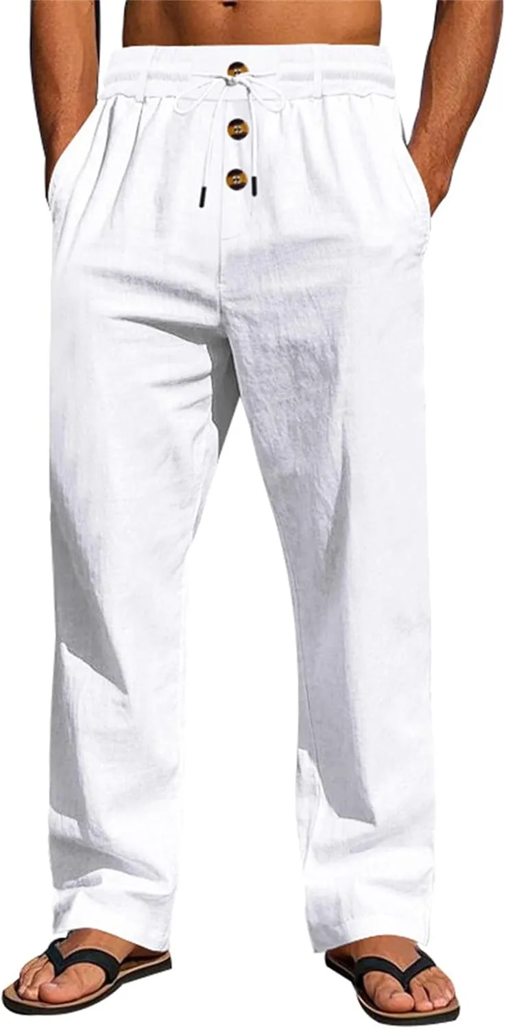 Casual Linen Pants Men Breathable Lightweight Summer Beach Pant Button and Drawstring Elastic Waist Trousers for Summer